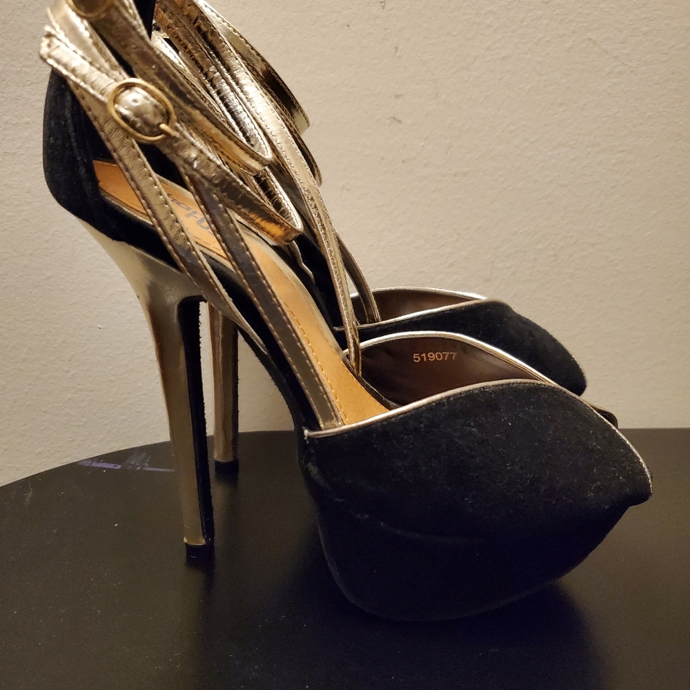 Black with gold trim peep toe pumps